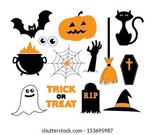 Illustrated Halloween icons in black, white and orange