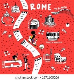 Illustrated hand drawn map of Rome. Poster design or travel postcard concept design