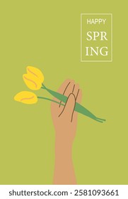 Illustrated hand holding yellow flowers celebrating happy spring on green background.