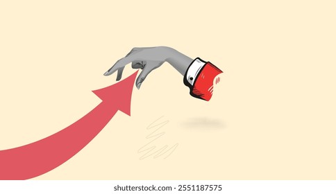 Illustrated hand pushing a red arrow upwards, symbolizing business growth, success, and positive market trends. Modern graphic for finance and strategy.