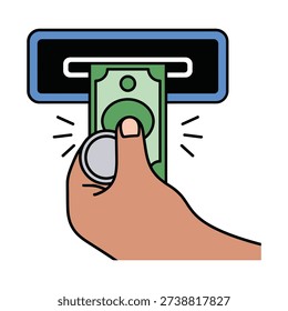 An illustrated hand is shown inserting a green dollar bill into a machine slot while holding a silver coin, depicting a financial transaction.