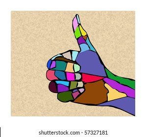 The illustrated hand from splinters of multicolored stones
