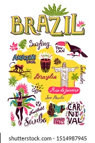 Illustrierte handgezeichnete typografische Poster über Brasilien.