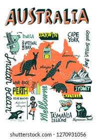 Illustrated hand-drawn typography poster with the attractions of Australia