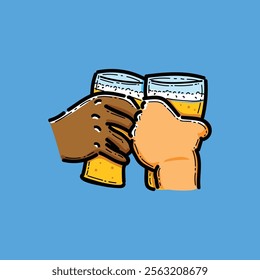 Illustrated hands of diverse individuals clinking beer glasses against a blue background, signifying unity, friendship, and celebration in a minimalist artistic style.