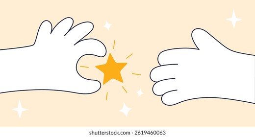 Illustrated Hands Sharing A Star Against A Light Background with Sparkling Accents. Flat Vector Illustration