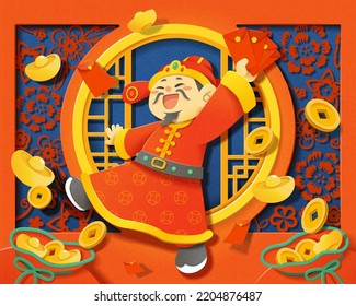 Illustrated happy god of the wealth waving red envelopes on chinese window and floral hallow out paper art background. Concept of chinese new year celebration.