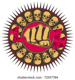 Illustrated hard rock background with skulls. Vector illustration.