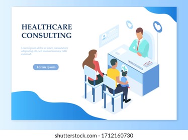 Concepto ilustrado de consultoría de salud con el médico y la familia en una reunión. Ilustración del vector