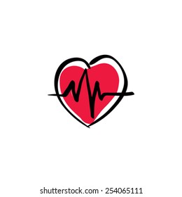 Illustrated heart with ecg / ekg, vector cardiology icon, hand drawn electrocardiogram.