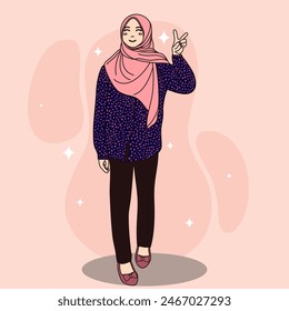 Illustrated hijab girl making hand peace sign with flash stars template design.
