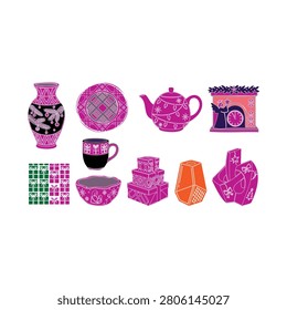 Illustrated holidaythemed ceramic items including vase teapot mug plate gift boxes and clock