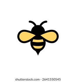 An illustrated honey bee with black body, black antennae, and yellow wings. Its abdomen has yellow stripes. The image is isolated on a white background.