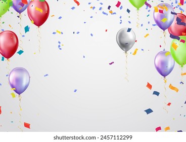 Illustrated horizontal happy birthday card, sign or banner with colorful balloons and confetti
