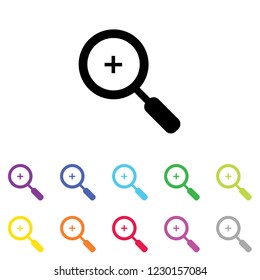 An Illustrated Icon in an array of colours on a White Background -  Magnifying Glass Zoom In