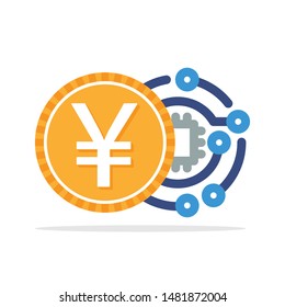 Illustrated icon with the concept of digital money transactions with the Japanese currency, Yen