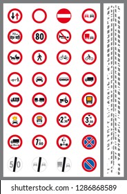 Illustrated icon set of common road direction signs in red and white or blue and white
