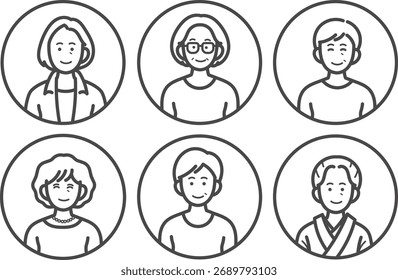 Conjunto de iconos ilustrados con seis mujeres mayores.