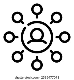 An illustrated icon showing a central figure surrounded by connected nodes, symbolizing networking and collaboration.