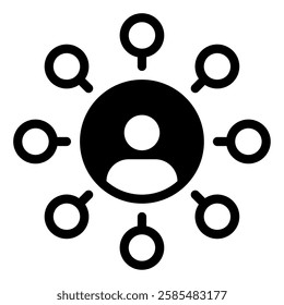 An illustrated icon showing a central figure surrounded by connected nodes, symbolizing networking and collaboration.