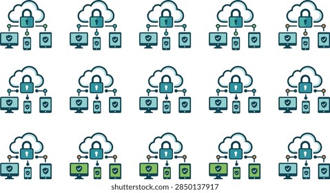 Illustrated icons depicting cloud computing network infrastructure and data security systems
