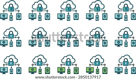 Illustrated icons depicting cloud computing network infrastructure and data security systems