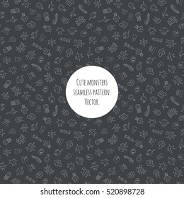 An illustrated icons of different monsters in black and white. Seamless pattern.