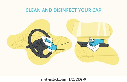 Illustrated Icons To Disinfect Car With Gloves And Avoid Contagion By Covid 19 Disinfects The Rudder And Doors