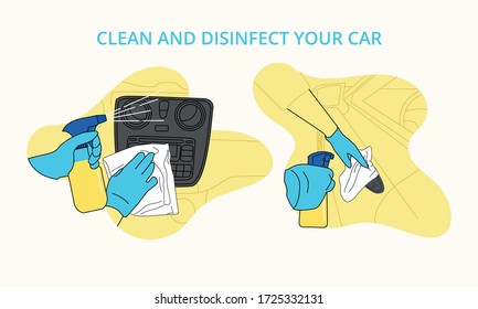 Illustrated Icons To Disinfect Car With Gloves And Avoid Contagion By Covid 19  Dash And Doors