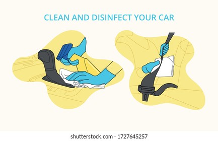 Illustrated Icons To Disinfect Car With Gloves And Avoid Contagion By Covid 19  Lever And Seat Belt