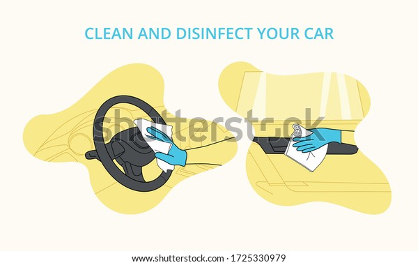 Illustrated icons to\
disinfect car with gloves and avoid contagion by Covid 19\
disinfects the rudder and\
doors