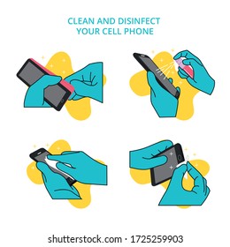 Illustrated Icons To Disinfect The Cell Phone And Avoid Being Spread By The Covid Virus Deep Cleaning With Gloves