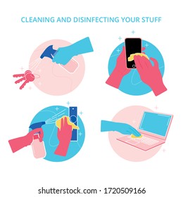 Illustrated icons to disinfect things at home with gloves and avoid contagion by the Covid 19 disinfects keys, doors, doors and cell phones