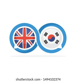 Illustrated icons with English and South Korean communication concepts
