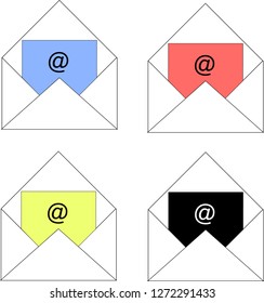 Illustrated icons of opened emails, with blue, red, yellow and black paper, inside a white envelope.