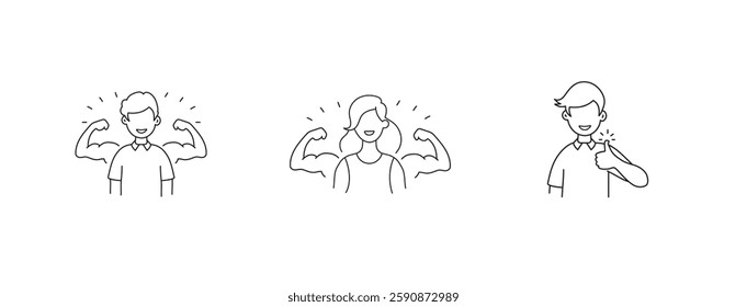 
Illustrated icons representing strength, empowerment, and confidence. Features a strong man flexing muscles, a powerful woman showcasing strength, and a confident man giving a thumbs-up.