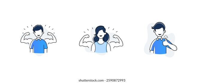 Illustrated icons representing strength, empowerment, and confidence. Features a strong man flexing muscles, a powerful woman showcasing strength, and a confident man giving a thumbs-up.