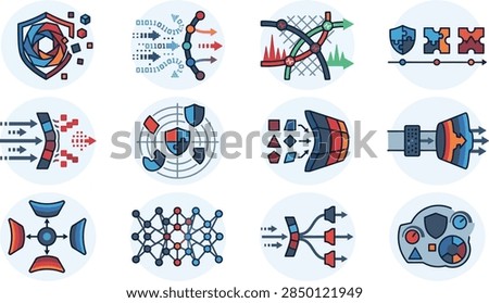 Illustrated icons representing technology, network, security, and data concepts