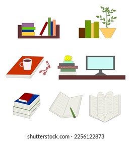 Illustrated image of book in different versions. Book, textbooks in stacks and in a single version on a white background