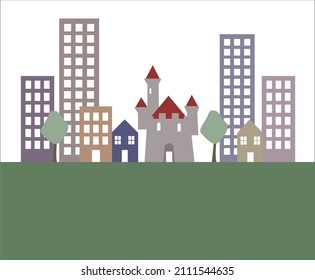 Illustrated image of cityscape with castle among the houses and buildings.