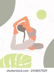 An illustrated image depicts a woman engrossed in a yoga stretch surrounded by stylized monstera leaves, embodying tranquility and wellness.