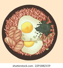 Illustrated image of fried rice with two eggs and four sausages. Sprouded with chives on it