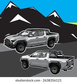 Illustrated image of a modified off-road truck in front of a stylized mountain landscape. Features roof rack, large tires, and rugged design for adventure and outdoor terrain.