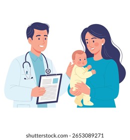 Imagem ilustrada de uma mãe e um bebê em uma consulta médica. O pediatra está analisando as informações de saúde do bebê, enfatizando a confiança e o cuidado em um ambiente médico.