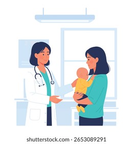Imagem ilustrada de uma mãe trazendo seu bebê para um check-up com uma médica do sexo feminino. A cena enfatiza o cuidado médico profissional e o conforto de uma visita de rotina.