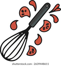 Illustrated image of a whisk surrounded by drops or pieces of tomato on a white background.