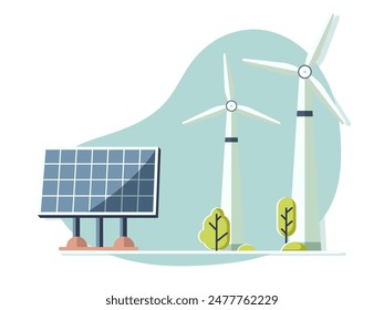 Illustrated image of wind turbines and a solar panel, set against a teal background, representing renewable energy. Vector illustration