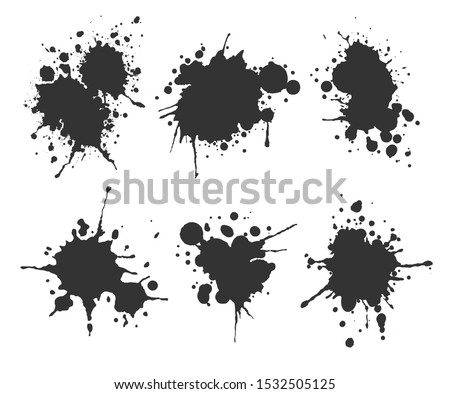 Illustrated ink spots, set of blots collection in black and white.