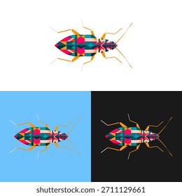 Un insecto ilustrado se presenta con un diseño geométrico, con una vibrante variedad de colores. La obra de arte muestra ángulos afilados y Formas planas. Este gráfico se muestra contra fondos blancos, azul claro y negros, lo que sugiere varias aplicaciones posibles para el diseño y la creación de contenido digital.
