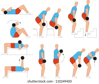 Illustrated instructions on how to perform various weight lifting exercises